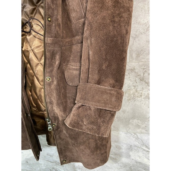 BGSD Womens Brown Suede Parka Jacket Fur Trim Hood Quilted Lined Coat M - Picture 12 of 16
